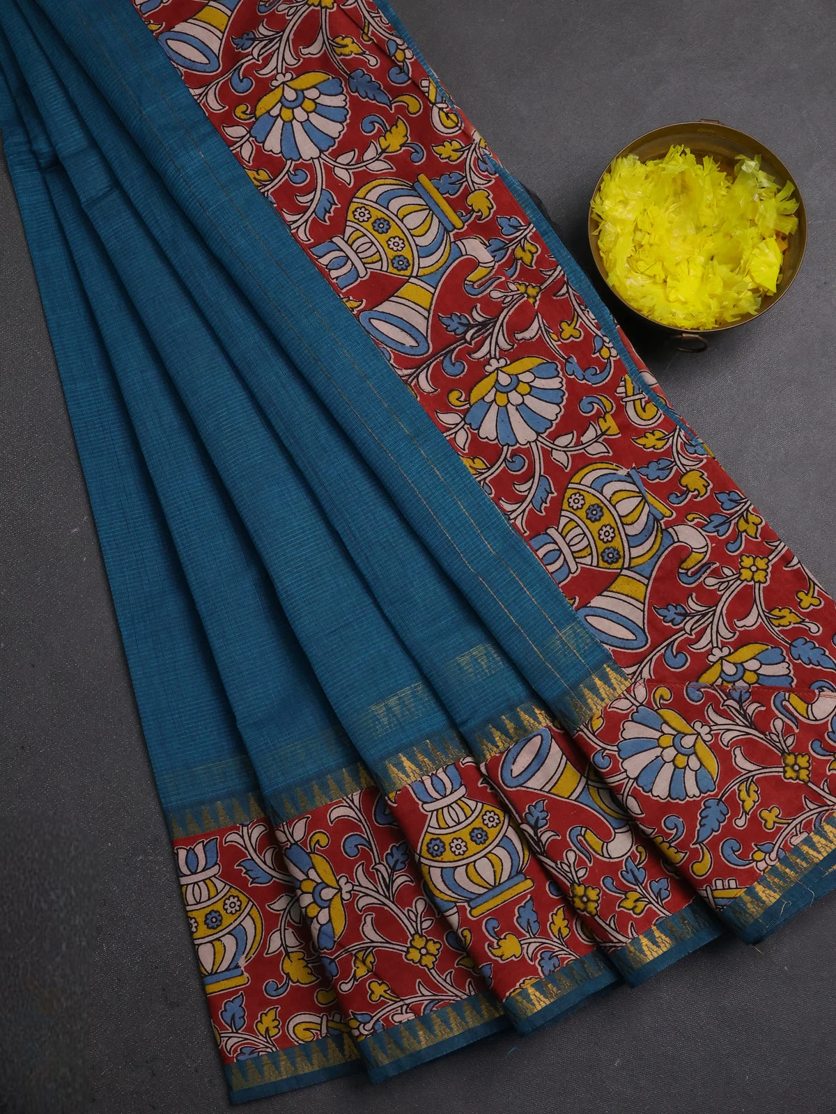 Mangalagiri Cotton Saree - Peacock Blue and Maroon